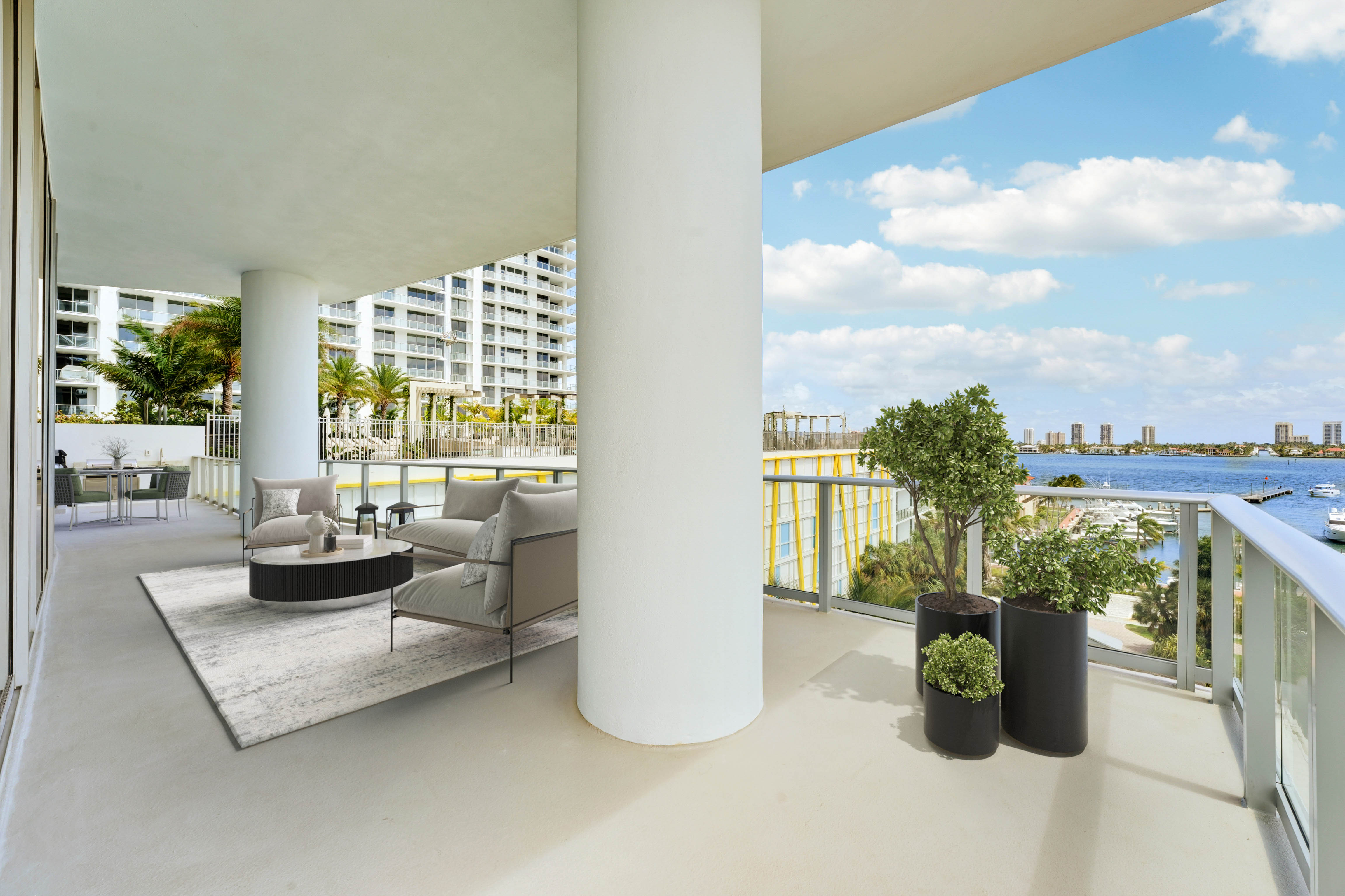Virtually staged extended covered terrace at Residence 612 overlooking the Intracoastal